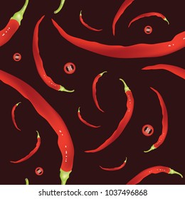 Fresh Cayenne peppers seamless pattern. Hot spicy red peppers on black. EPS10 vector illustration.