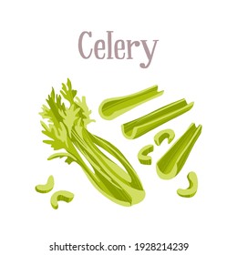 Cama de apio fresco, tallos y trozos. Producto nutricional saludable. Ilustración aislada de plano dibujada a mano vectorial con letras escritas a mano para su diseño sobre fondo blanco.