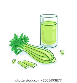 Fresh celery and a glass of juice. Picture in line style. Isolated on white background. Template for menu design. Vector flat illustration.