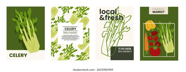 Ilustración de apio fresco. Carteles sencillos con vegetales orgánicos para la publicidad del mercado. Plantillas de Vector con copyspace. Conjunto de ensalada cosechada en estilo minimalista dibujado a mano y plano. 