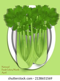 Fresh celery with lots of leaves served on white plate on green background, National Fresh Celery Month in April