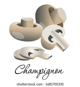 Fresh champignon icon vector illustration. Whole, half, sliced edible mushrooms isolated on white background