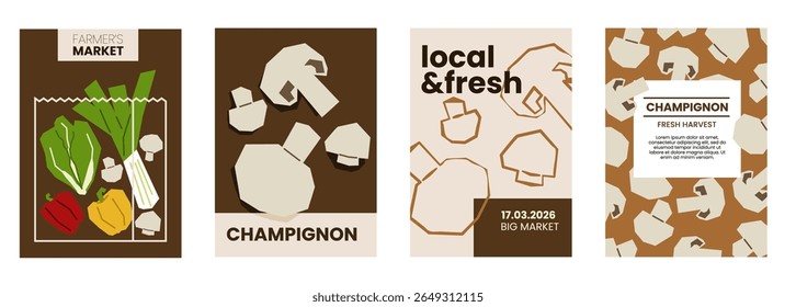 Fresh champignon illustration. Simple posters with mushrooms for farmers market advertising. Vector templates with copyspace. Set of harvested fungi in minimal hand drawn and flat style. 