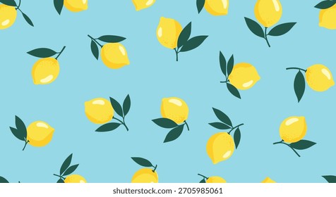 A fresh and cheerful seamless pattern of yellow lemons with green leaves scattered on a simple light blue background.