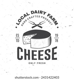 Fresh cheese badge design. Template for logo, branding design with block cheese and fork for cheese. Vector illustration.