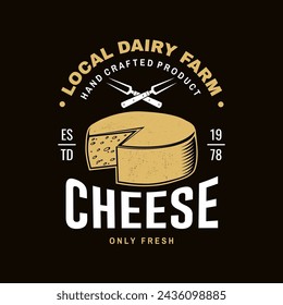 Fresh cheese badge design. Template for logo, branding design with block cheese and fork for cheese. Vector illustration.