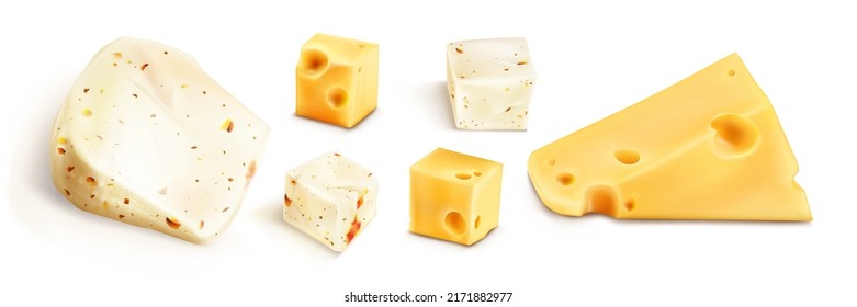 Fresh cheese blocks and triangle pieces isolated on white background. Vector realistic set of white soft cheese chunks with spices, red pieces of tomato and peppers