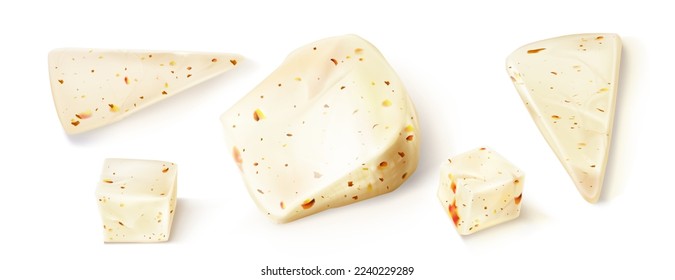 Fresh cheese blocks and triangle pieces isolated on white background. Vector realistic set of white soft cheese chunks with spices, red pieces of tomato and peppers