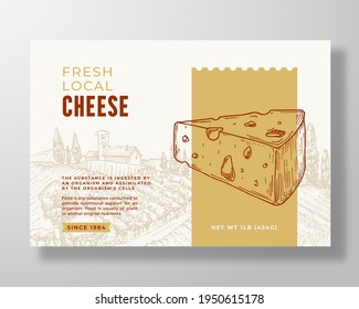 Fresh Cheese Food Label Template. Abstract Vector Packaging Design Layout. Modern Typography Banner with Hand Drawn Cheese Piece and Rural Landscape Background. Isolated.