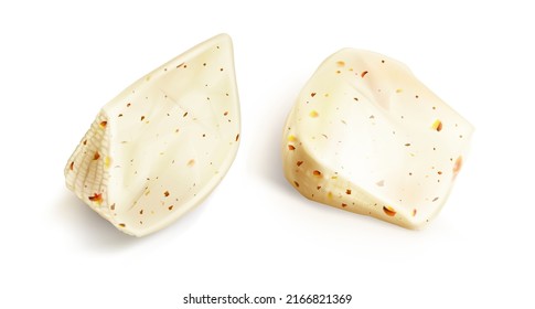 Fresh cheese triangle blocks or pieces isolated on white background. Vector realistic set of white soft cheese chunks with spices, red pieces of tomato and peppers