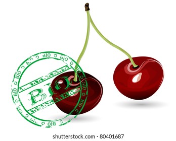 Fresh cherries with bio stamp