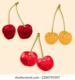 Fresh cherries with branches. Cherry berries are red, yellow, and burgundy. Natural products and dessert. Food icons.
