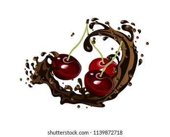 Fresh cherries  in chocolate splash