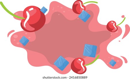 Fresh cherries with ice cubes and juice splash. Summer fruit and refreshment concept. Vector illustration