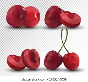 Fresh Cherries on transparent background. Set red cherries. Nature product. 3D realistic berries. Vector illustration