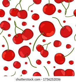 Fresh cherries, red berries, fruits on a white background. Seamless texture. Doodle Black line. Minimal style. Vector illustration. Handwriting.