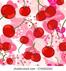 Fresh cherries, red berries, leaves, fruits, juice, splash, juicy spray on an abstract background. Seamless texture. Doodle Black line. Minimal style. Vector illustration. Handwriting. Hand drawn. 