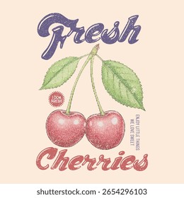Fresh cherries.  Sweet cherry artwork. Cherry fruit print. Organic fresh fruit juice artwork. Cherry time. Organic food artwork for for t-shirt. Fruit vintage t-shirt design. vintage food fashion 