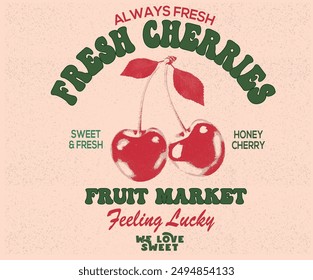 Fresh cherry artwork. Organic fruit market. Cherry fruit print. Nature fruit club print design. Organic food artwork for for t-shirt. Fruit vintage t-shirt design.