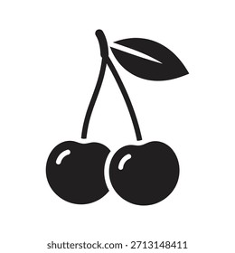 Icono de par de cerezas frescas símbolo de glifo sólido elemento de diseño de Vector fruta roja dulce tallo postre merienda comida saludable naturaleza orgánica vitamina