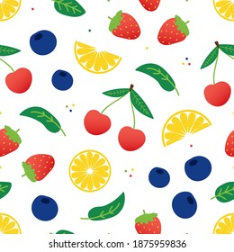 Fresh cherry, blueberry, lemon slices and strawberry. Fruits and berries vector cartoon style seamless pattern background.
