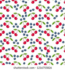 Fresh cherry and blueberry on the white background vector seamless pattern. Sweet berry for wrapper or textile.