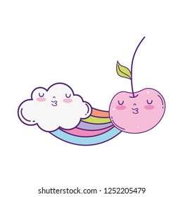 fresh cherry with cloud and rainbow kawaii character