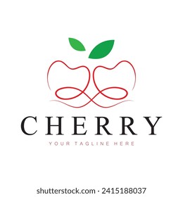 Fresh cherry fruit logo with minimalist leaf line art style. for fruit shop, cherry farm, cake, business,