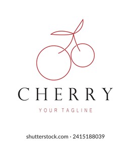 Fresh cherry fruit logo with minimalist leaf line art style. for fruit shop, cherry farm, cake, business,
