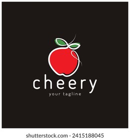 Fresh cherry fruit logo with minimalist leaf line art style. for fruit shop, cherry farm, cake, business,