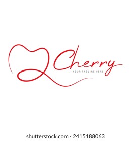 Fresh cherry fruit logo with minimalist leaf line art style. for fruit shop, cherry farm, cake, business,