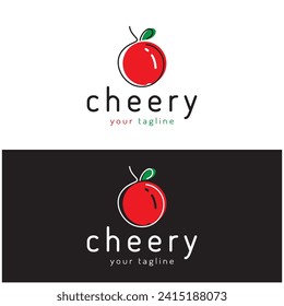 Fresh cherry fruit logo with minimalist leaf line art style. for fruit shop, cherry farm, cake, business,