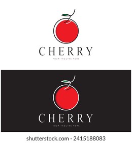 Fresh cherry fruit logo with minimalist leaf line art style. for fruit shop, cherry farm, cake, business,