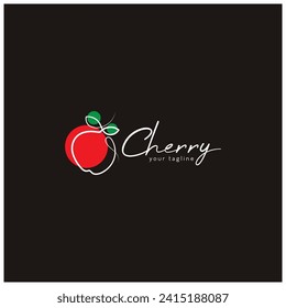Fresh cherry fruit logo with minimalist leaf line art style. for fruit shop, cherry farm, cake, business,