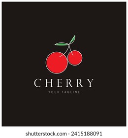 Fresh cherry fruit logo with minimalist leaf line art style. for fruit shop, cherry farm, cake, business,