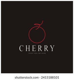 Fresh cherry fruit logo with minimalist leaf line art style. for fruit shop, cherry farm, cake, business,