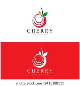 Fresh cherry fruit logo with minimalist leaf line art style. for fruit shop, cherry farm, cake, business,