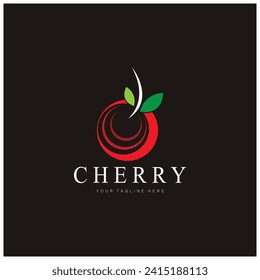 Logotipo de fruta fresca de cerezo con estilo artístico minimalista de línea de hoja. para frutales, cerezos, pasteles, negocios,