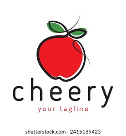 Fresh cherry fruit logo with minimalist leaf line art style. for fruit shop, cherry farm, cake, business,