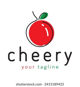 Fresh cherry fruit logo with minimalist leaf line art style. for fruit shop, cherry farm, cake, business,