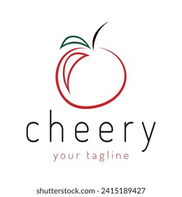 Fresh cherry fruit logo with minimalist leaf line art style. for fruit shop, cherry farm, cake, business,