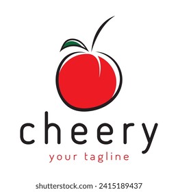 Fresh cherry fruit logo with minimalist leaf line art style. for fruit shop, cherry farm, cake, business,