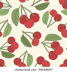 Fresh Cherry Hand Drawn Background. Doodle Wallpaper Vector. Colorful Seamless Pattern With Fruits