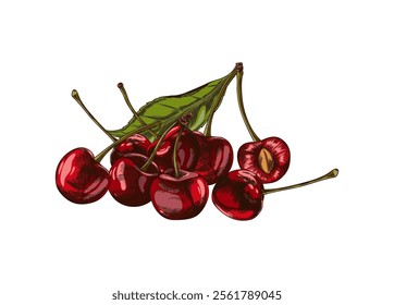 Fresh cherry harvest with stalk and green leaf. Sketch. Juicy, ripe, red berries. Summer fruits. Half a cherry with pit. Hand drawn. Composition. Vector illustration isolated on white background.