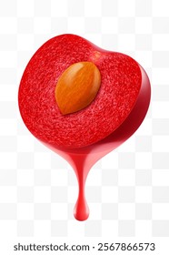 Fresh cherry juice dripping from half of cherry berry, isolated on transparent background. Ripe cherry with fresh juice. Bright summer design. Realistic 3d vector illustration