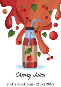 Fresh cherry juice in glass bottle concept. Red cherry drop on juice splash and ripple. Vector illustration