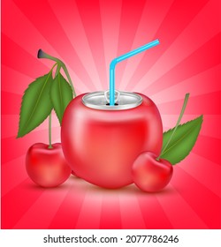 Fresh cherry juice soft drink with lid aluminum can and drinking straw. Isolated on a red background. Healthy fruit drink concept. Realistic 3D vector EPS10 illustration.