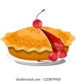 Fresh cherry pie on a plate isolated on white background. Vector cartoon close-up illustration.