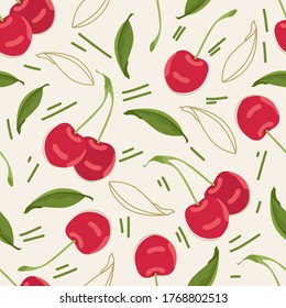 Patrón cereza fresca sin fisuras, alimento y fruta Vector ilustración. Fondo decorativo