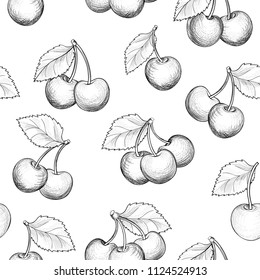 Fresh cherry seamless pattern. Summer berry food sketch background